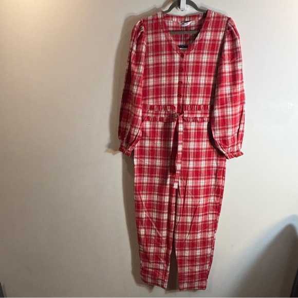 SMASH + TESS Sz S Oversized Red Plaid Long-Sleeve Flannel Ruffle Jumpsuit NEW - Picture 2 of 12